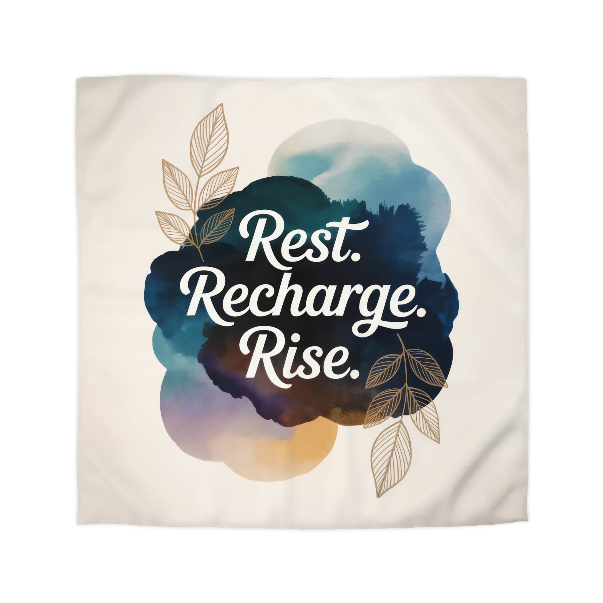 Rest Recharge Rise Duvet Cover | Watercolor Motivational Bedding | Navy Blue Botanical Comforter | Boho Decor | Twin XL Queen King