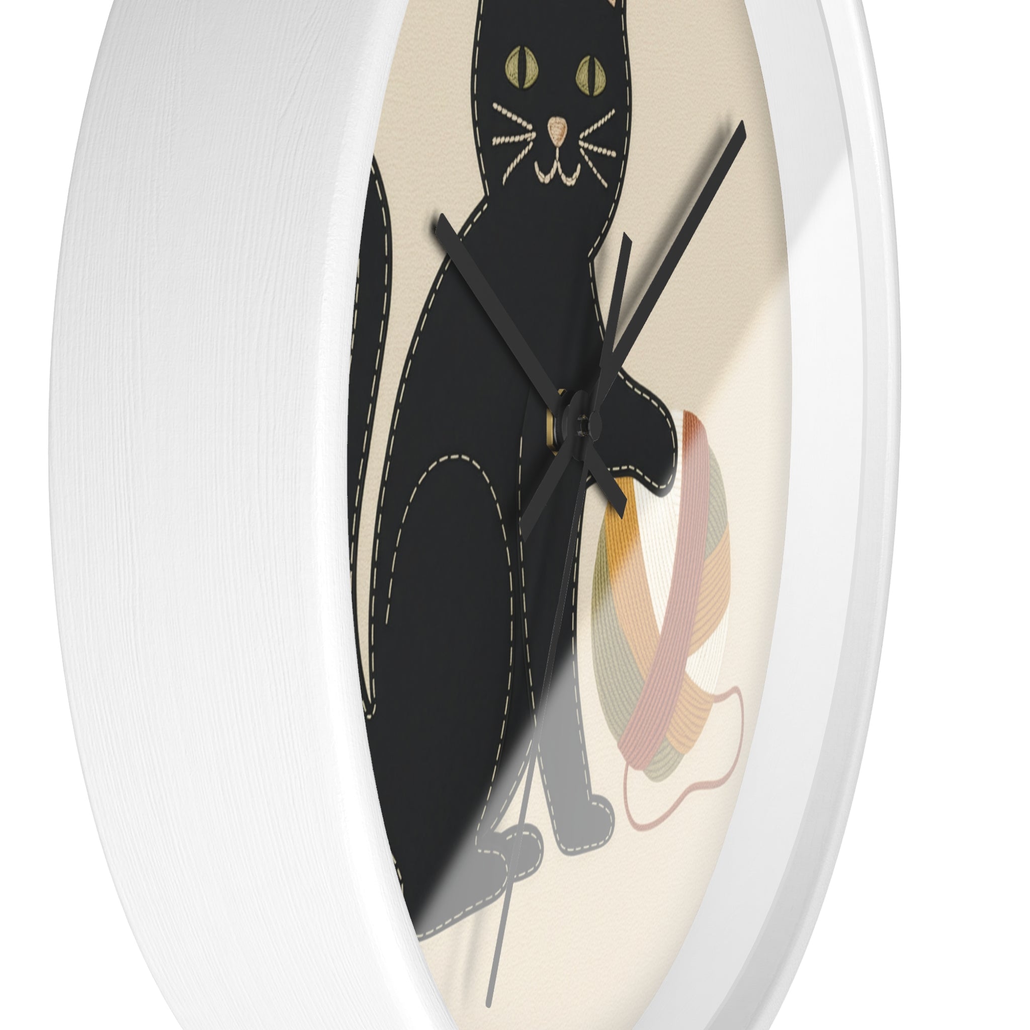 Black Cat Yarn Wall Clock, Modern Minimalist Cat Decor, Knitting & Crochet Lover Gift, Playful Nursery or Craft Room Clock