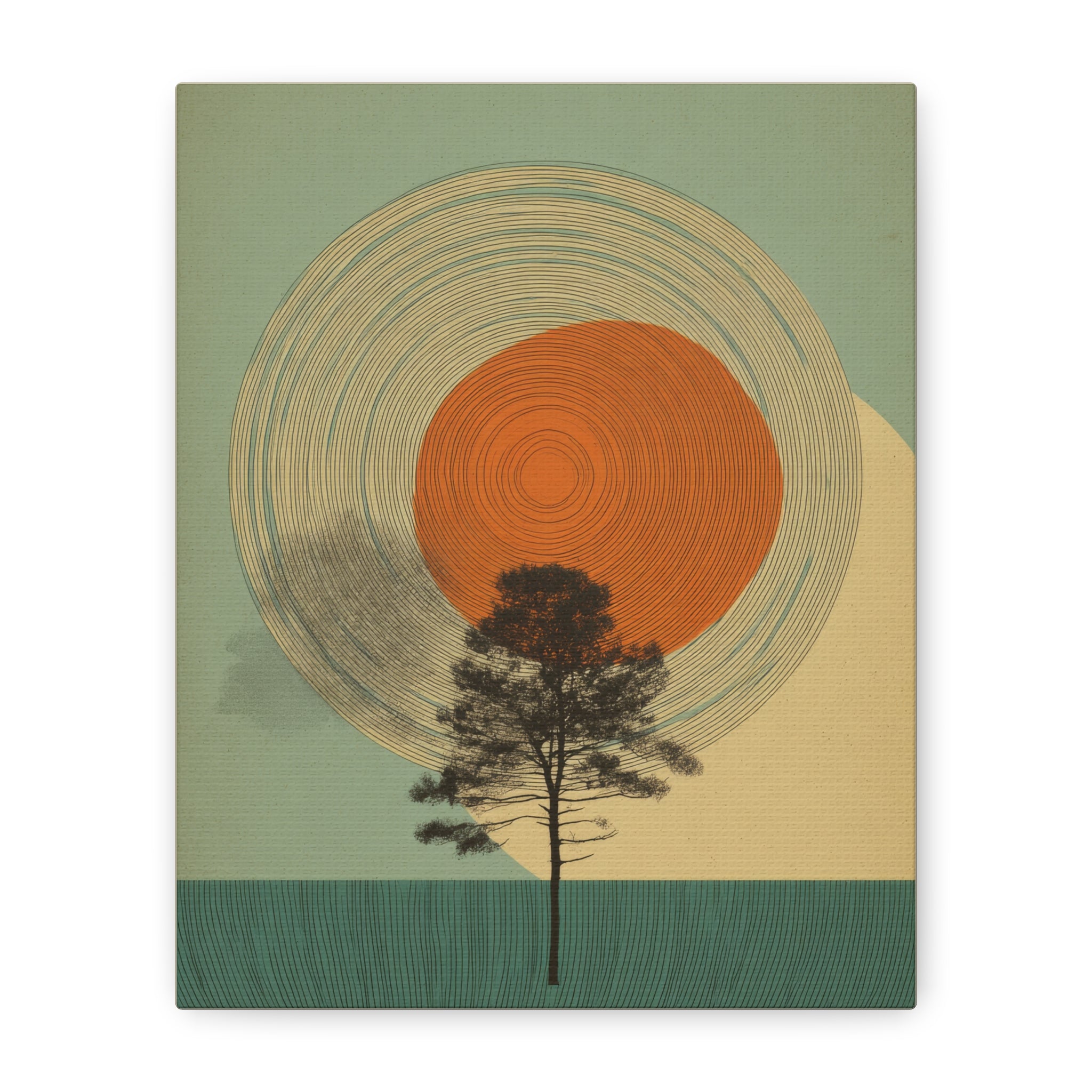 Tree Ring Wall Art | Mid Century Wall Art | Abstract Canvas Of Sun And Tree Nature Landscape