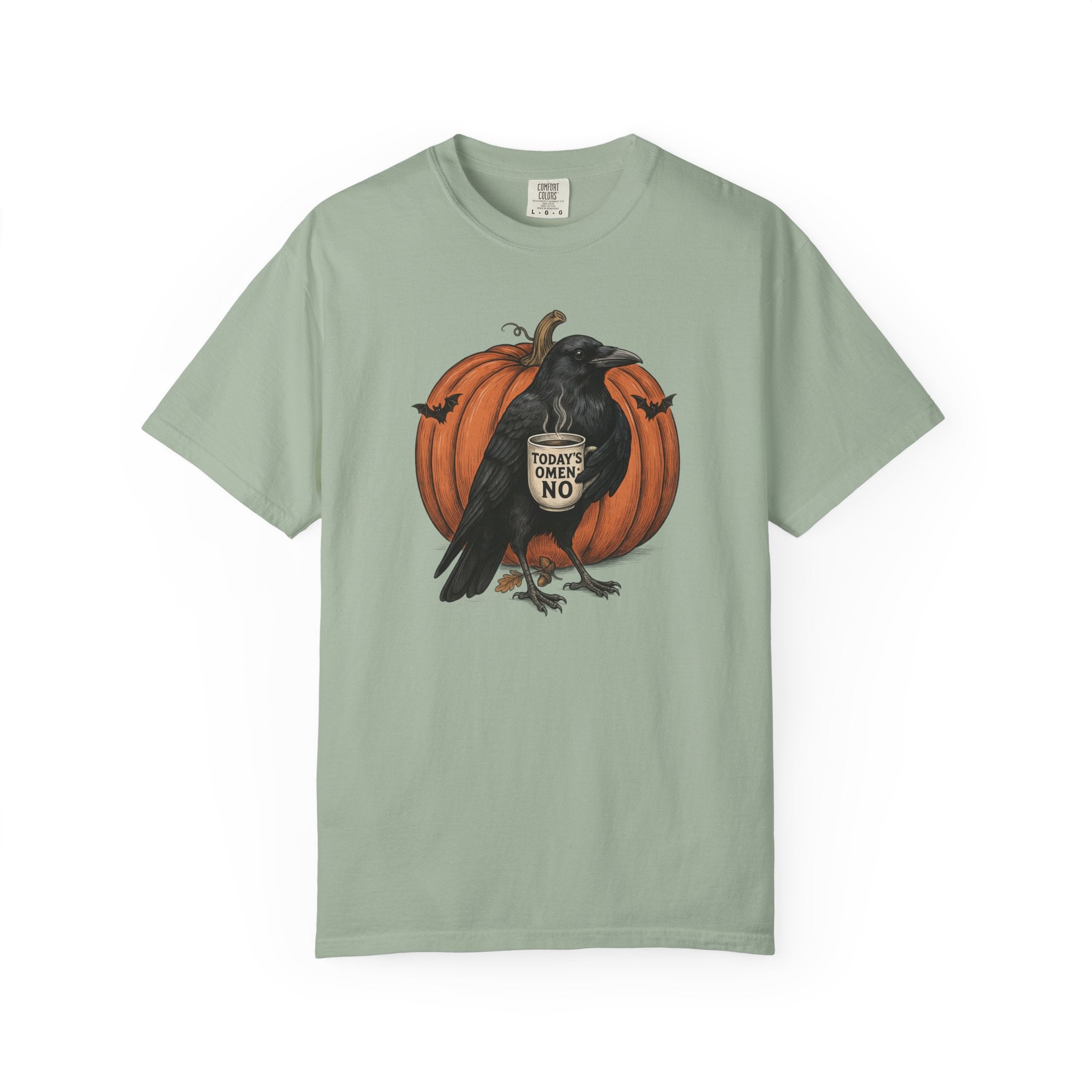 Crow with Coffee 'Today? Omen NO' Pumpkin T-Shirt | Halloween Raven Tee