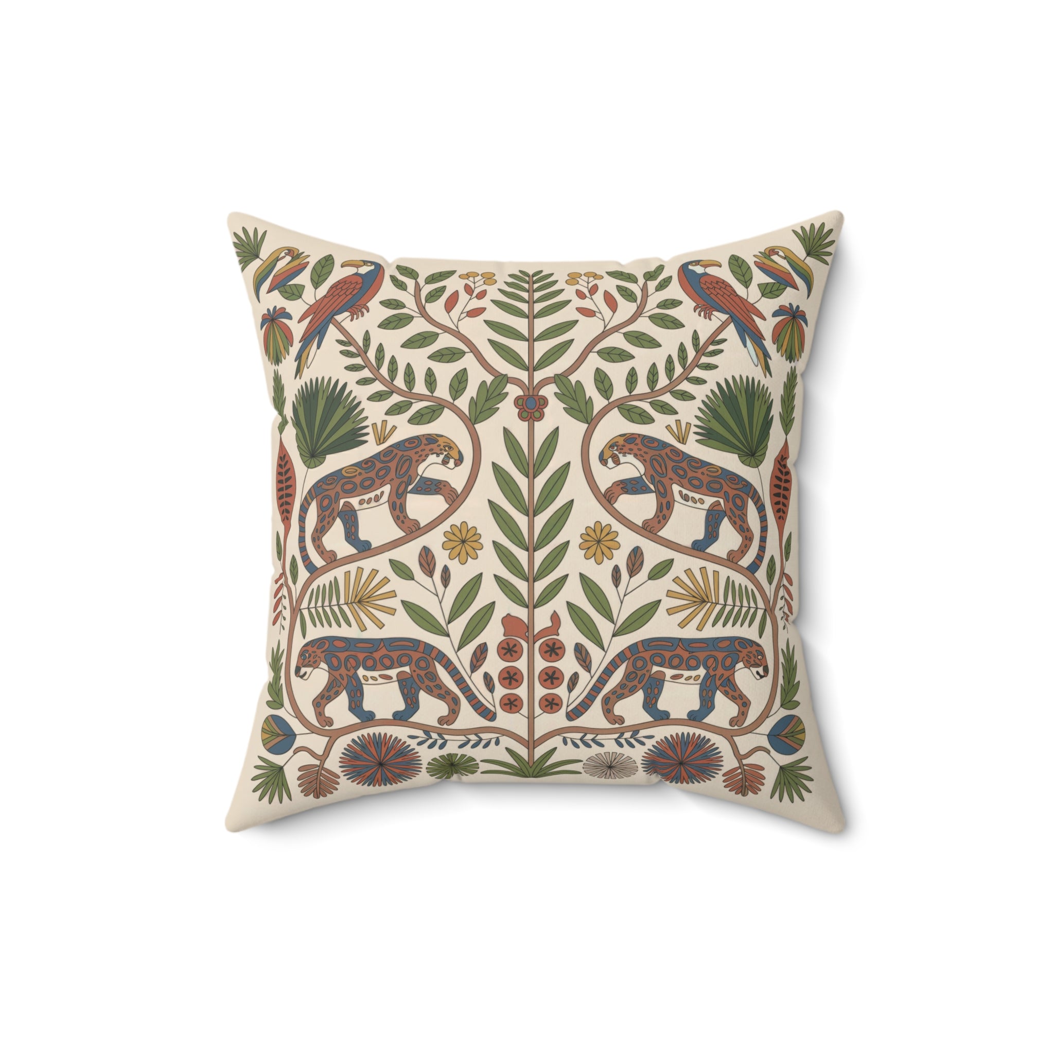 Jaguar and Tropical Bird Folk Art Throw Pillow with Botanical Design