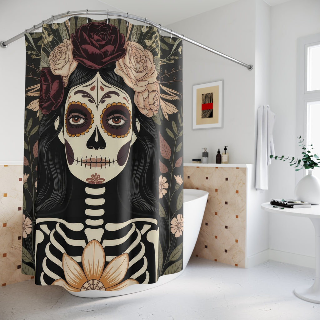 La Catrina Skull Dark Botanical Shower Curtain | Gothic Day of the Dead