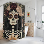 La Catrina Skull Dark Botanical Shower Curtain | Gothic Day of the Dead