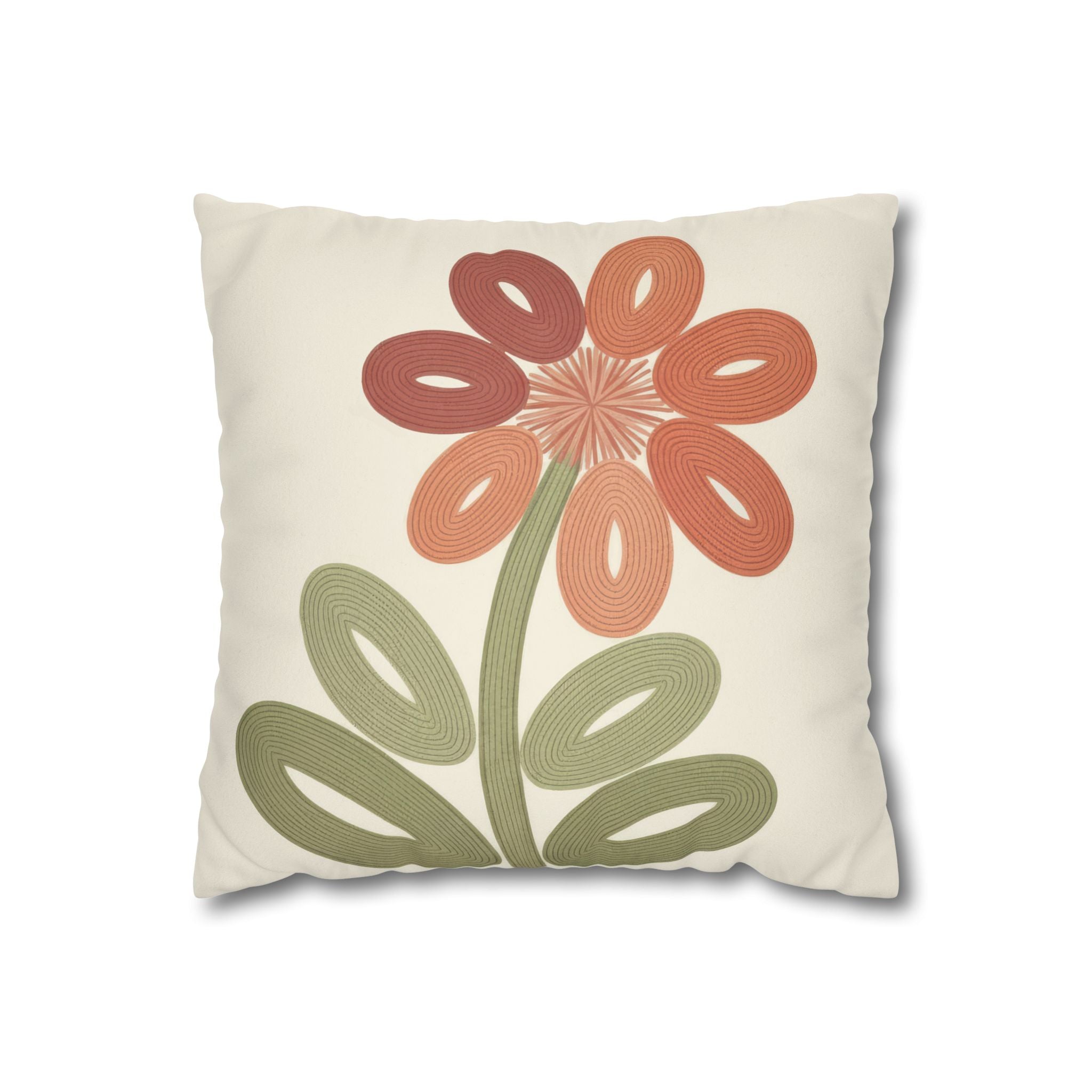 Terracotta Daisy Floral Pillowcase | Embroidery-Inspired Folk Art Throw Pillow Cover