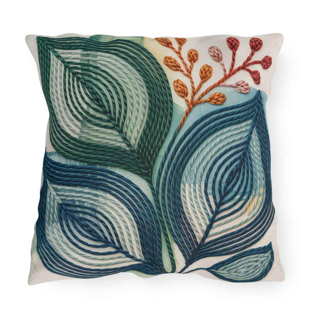 Abstract teal leaf outdoor pillow in blue, green and soft coral