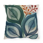 Abstract teal leaf outdoor pillow in blue, green and soft coral