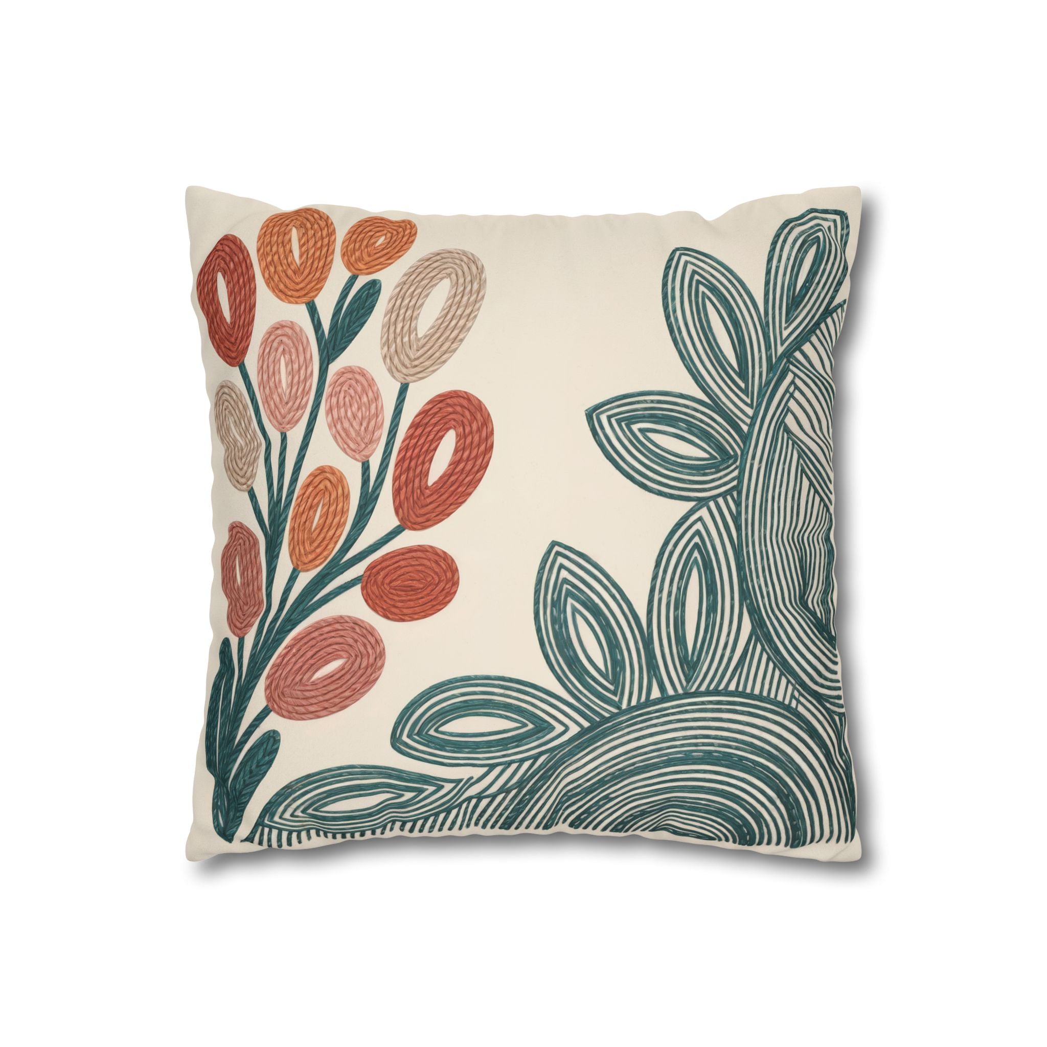Mid Century Coral Teal Botanical Faux Suede Pillow Case | Modern Floral Decorative Accent