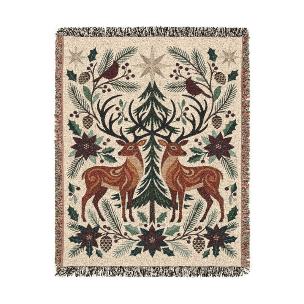 Folk Fox & Floral Woven Blanket | Tapestry Throw