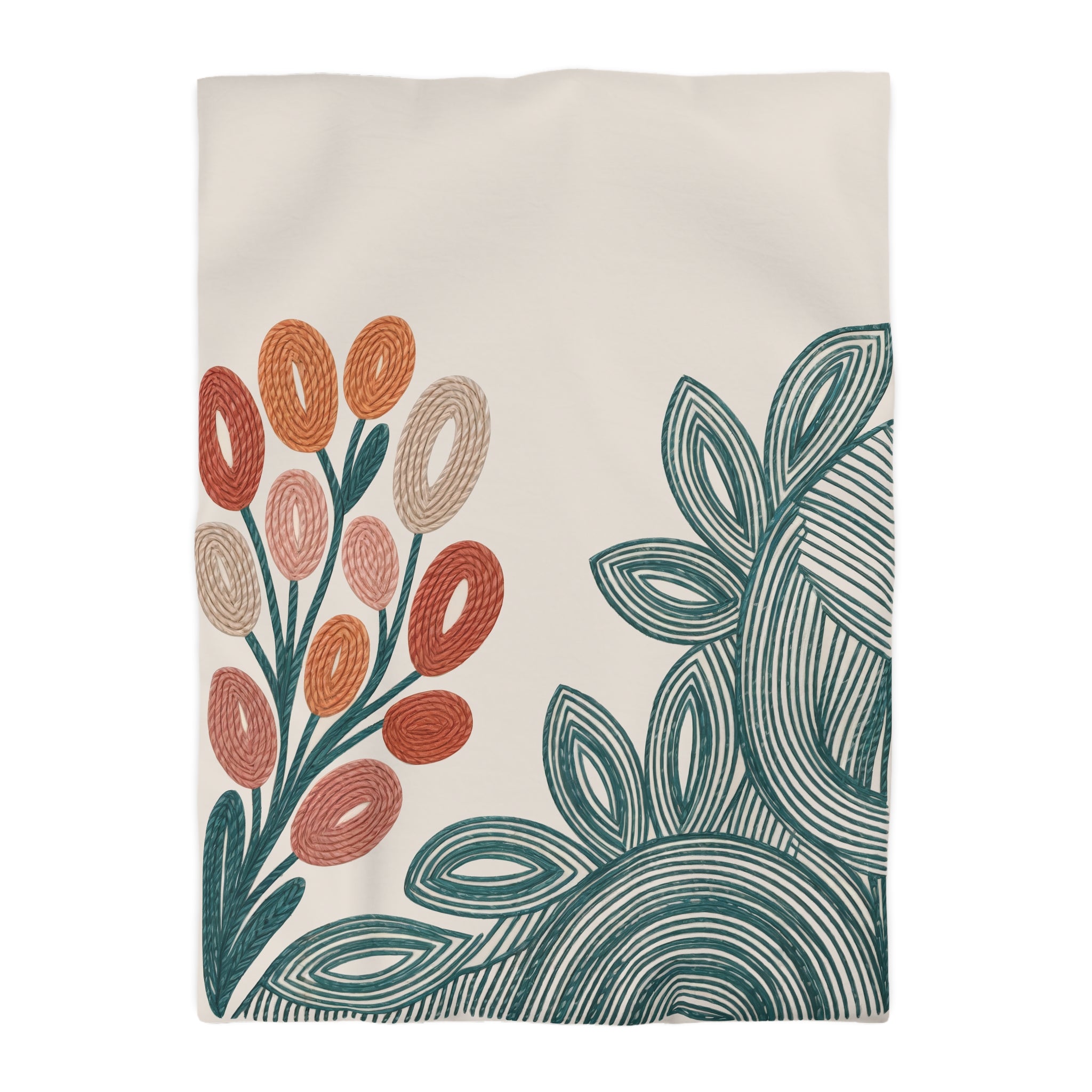 Modern Folk Botanical Duvet Cover | Boho | Mid-Century Floral, Terracotta Teal