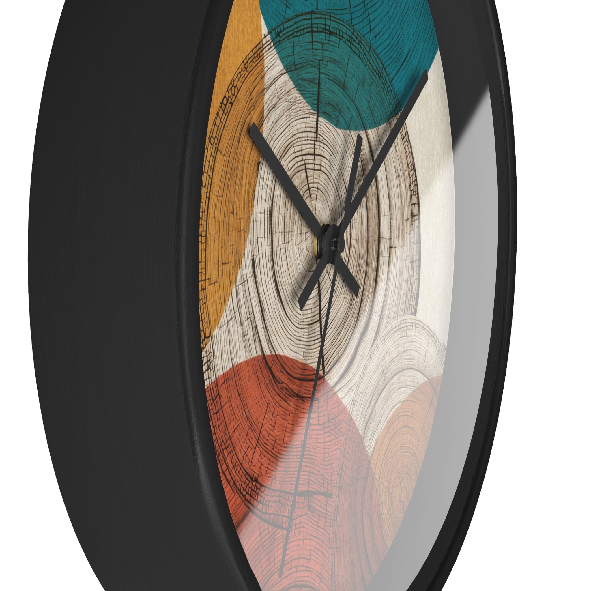 Mid Century Modern Clock | Abstract Tree Ring Wall Art, Atomic Geometric Woodgrain Circles in Teal, Ochre + Rust