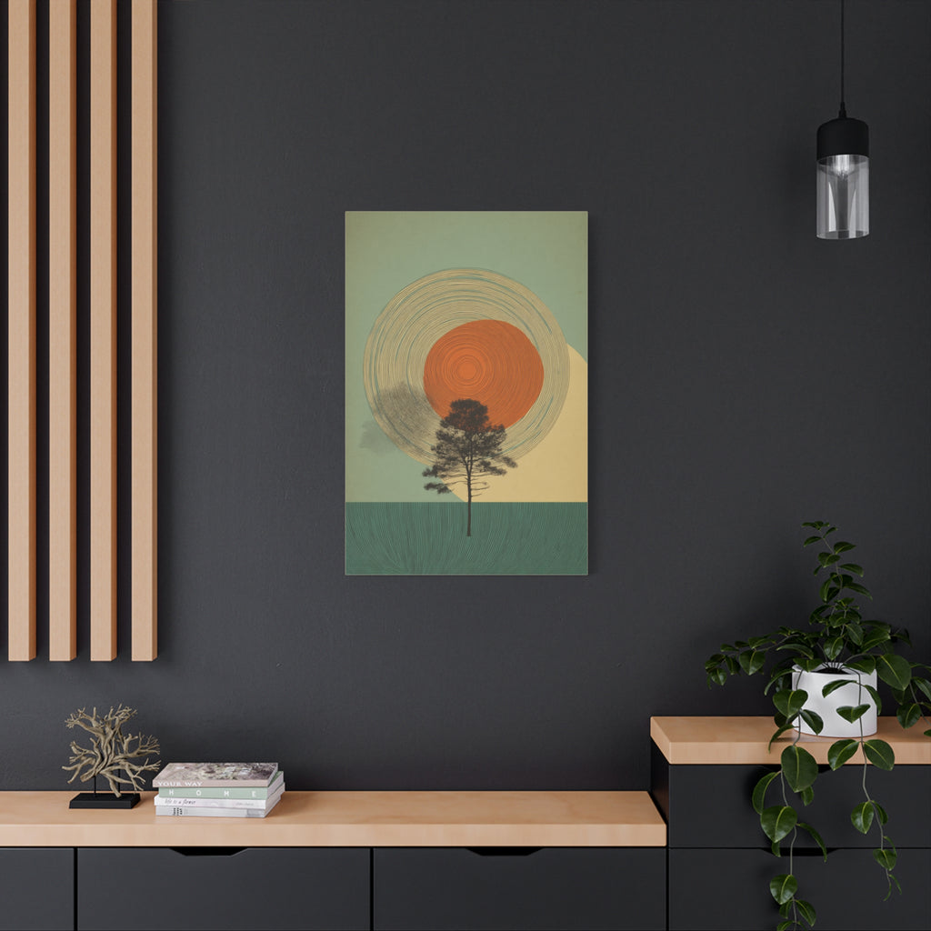 Tree Ring Wall Art | Mid Century Wall Art | Abstract Canvas Of Sun And Tree Nature Landscape