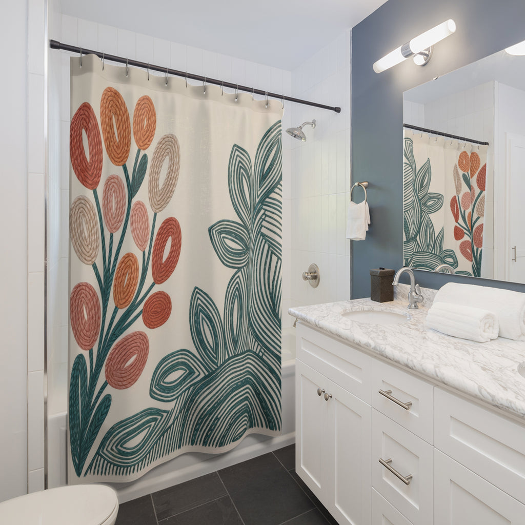 Copy of Modern Folk Botanical Terracotta Teal Shower Curtain | Mid-Century Floral Boho