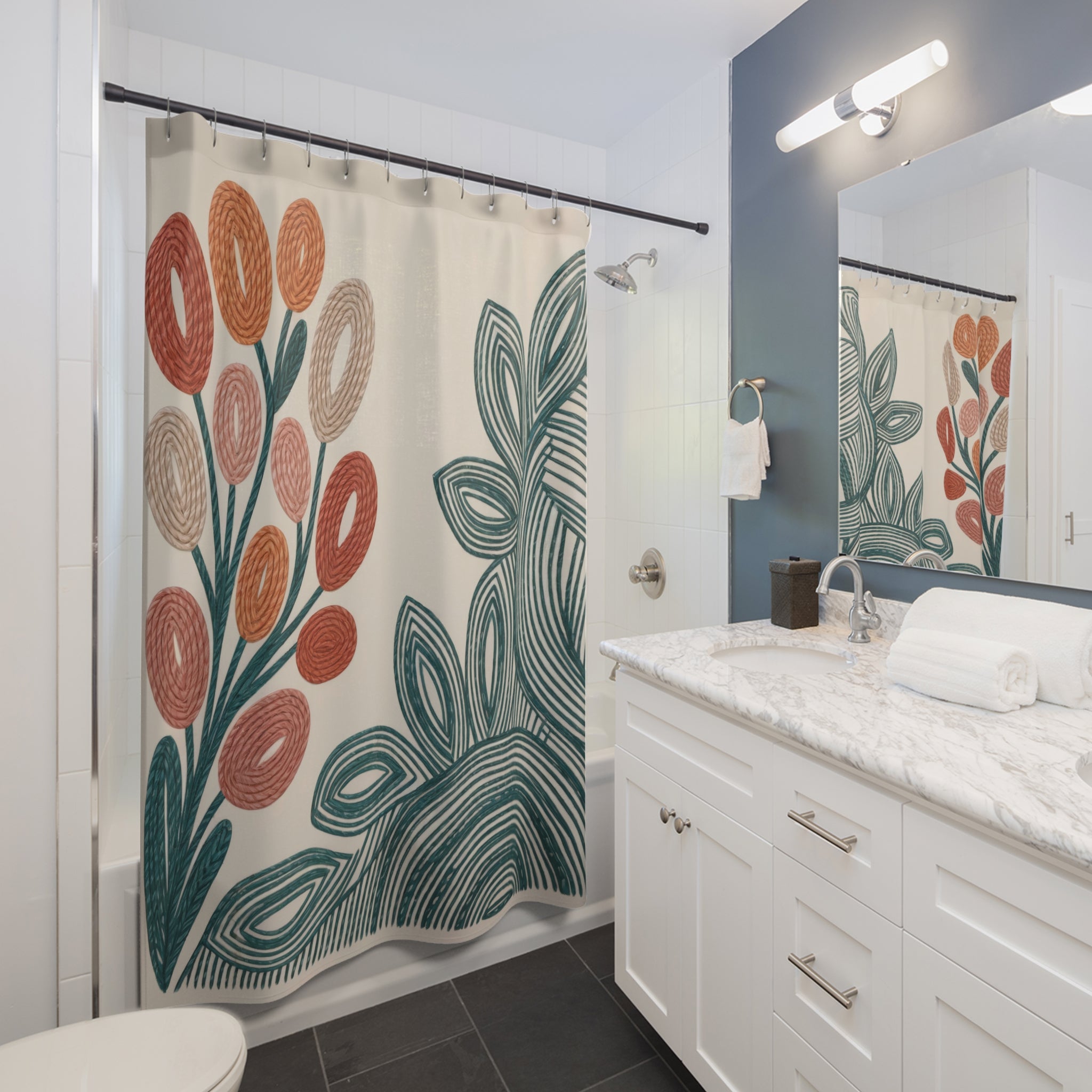 Copy of Modern Folk Botanical Terracotta Teal Shower Curtain | Mid-Century Floral Boho