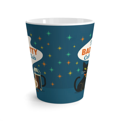 Bad Kitty Coffee Club Latte Mug, Retro Cat Lover Gift, Mid-Century Modern Kitchen Decor, Vintage Coffee Cup, Atomic Starbursts