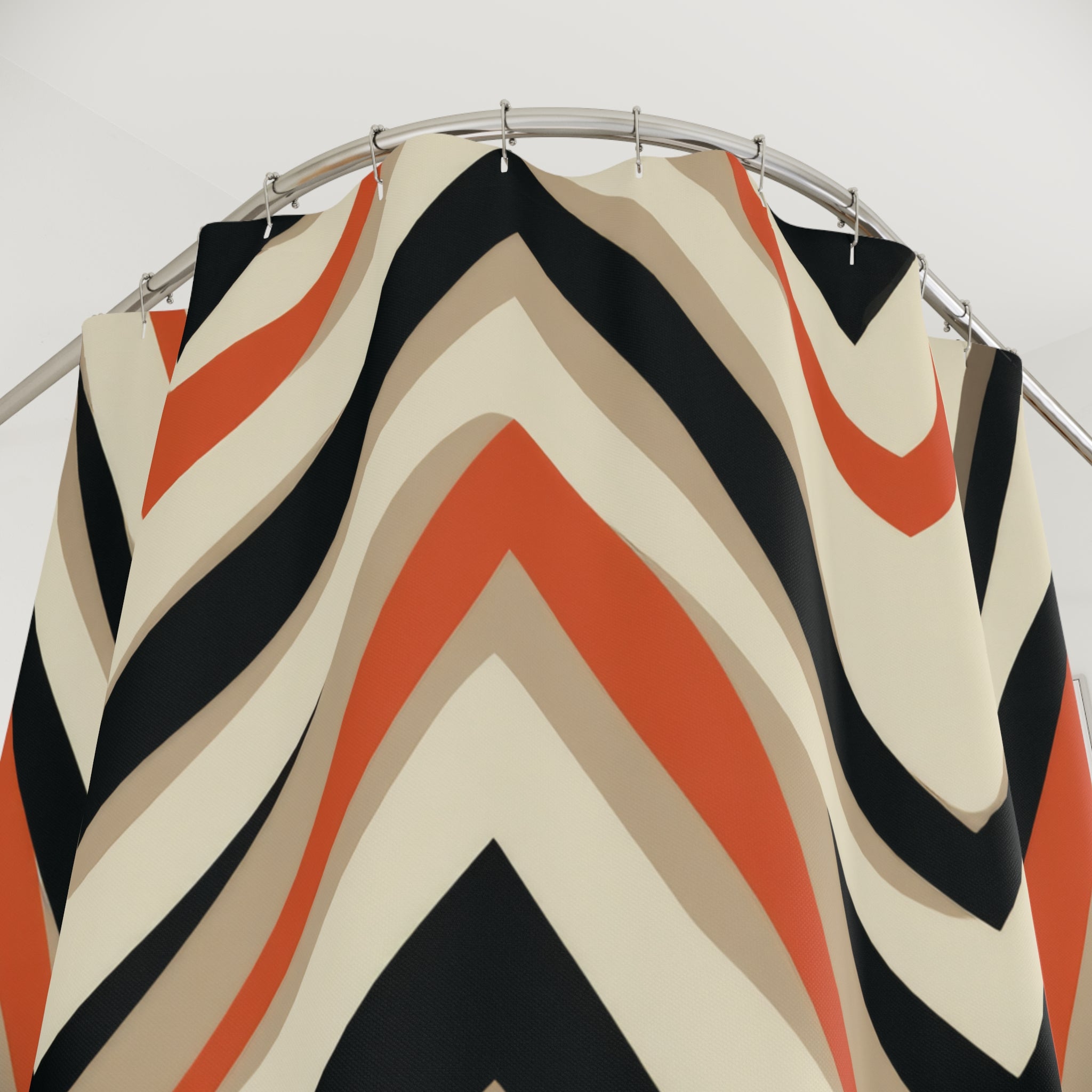 Retro Chevron Shower Curtain | 70s Geometric Bathroom Decor | Terracotta Black Cream | Mid Century Modern Bath Curtain