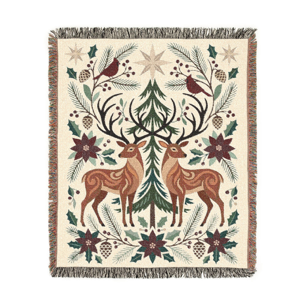 Folk Fox & Floral Woven Blanket | Tapestry Throw