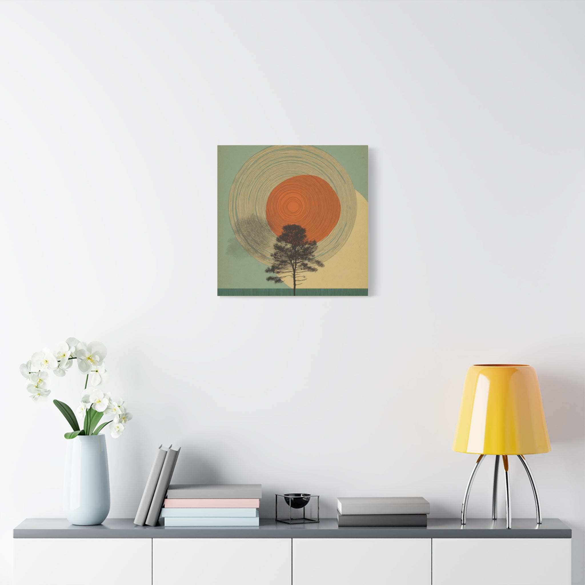 Tree Ring Wall Art | Mid Century Wall Art | Abstract Canvas Of Sun And Tree Nature Landscape