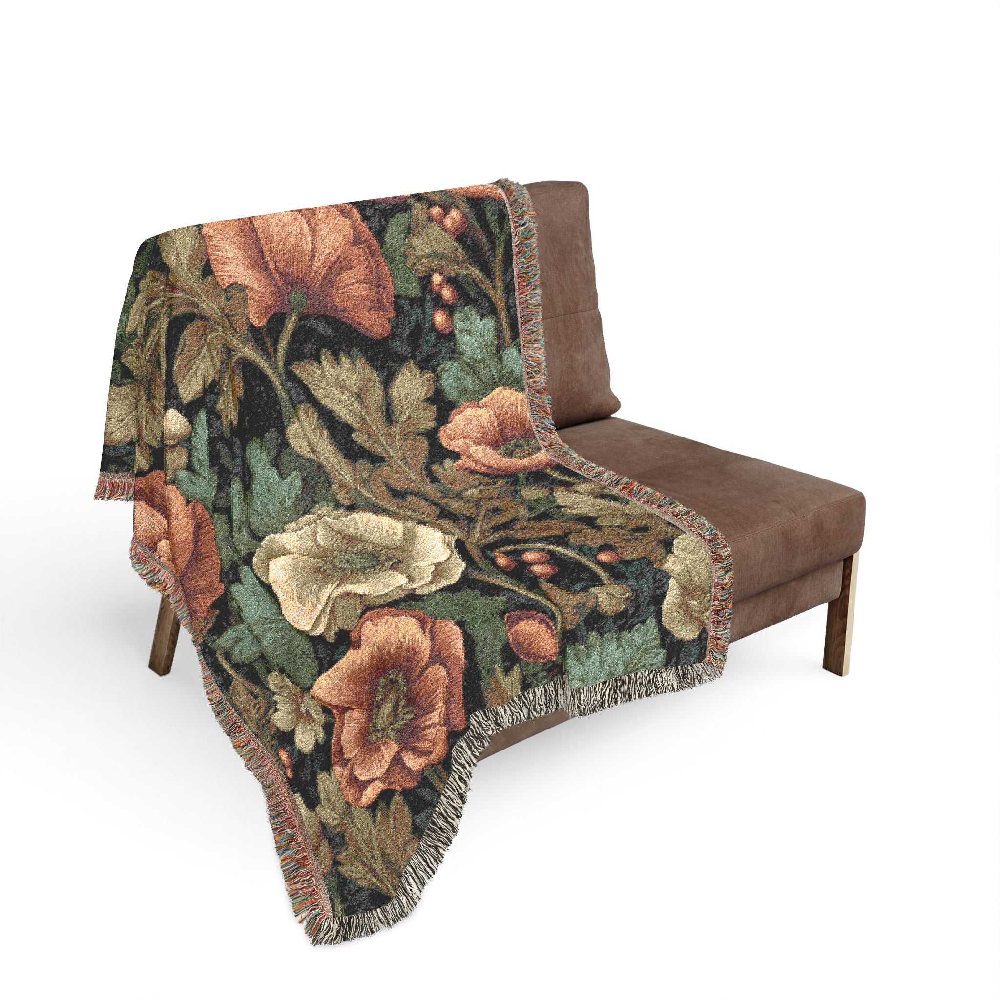 William Morris Poppy Garden Woven Blanket | Coral Orange & Teal Floral Throw