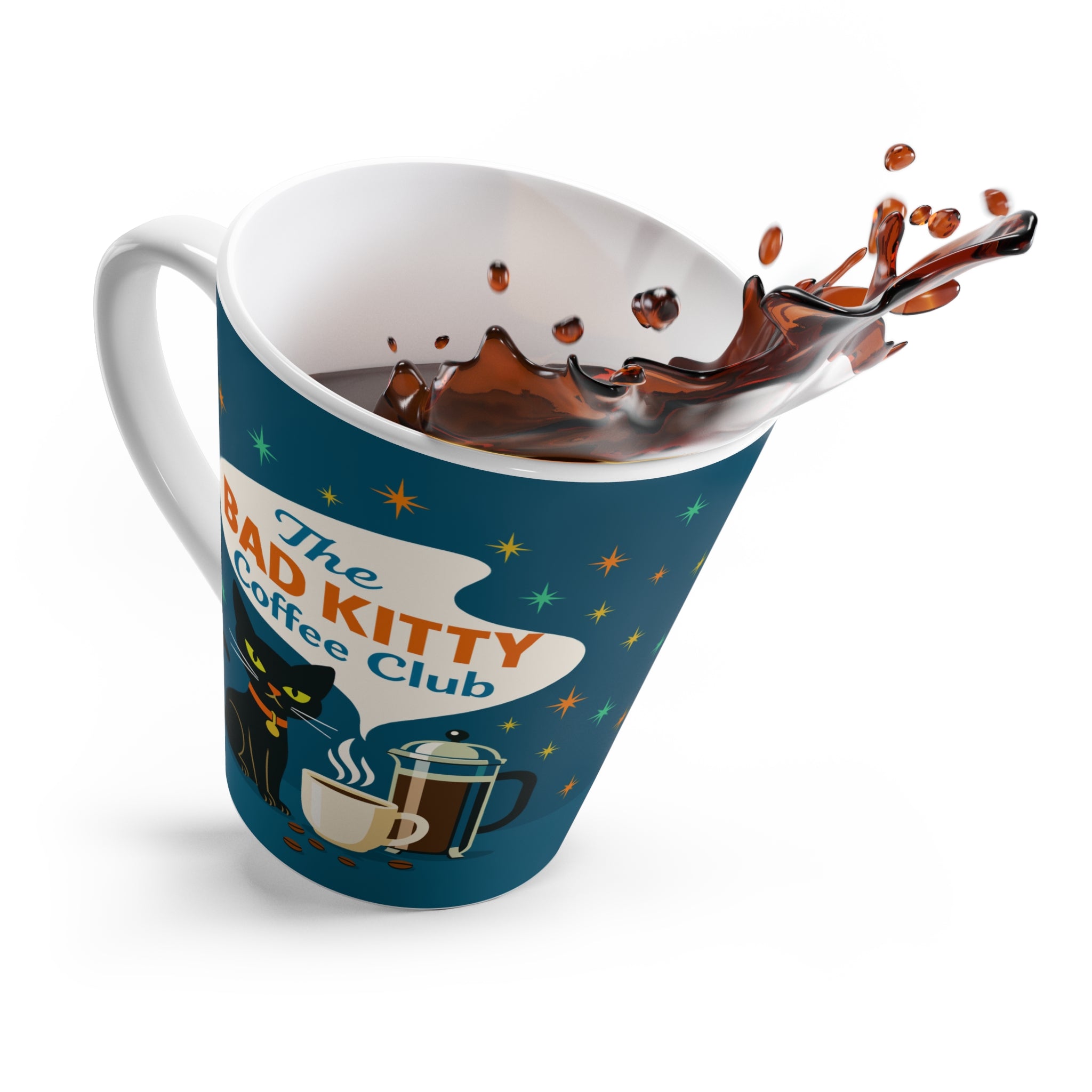 Bad Kitty Coffee Club Latte Mug, Retro Cat Lover Gift, Mid-Century Modern Kitchen Decor, Vintage Coffee Cup, Atomic Starbursts