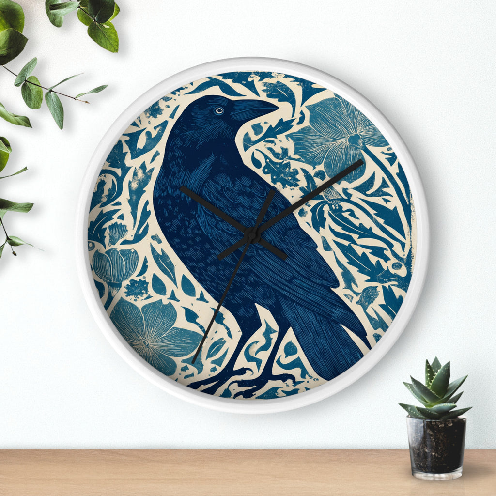 Linocut Raven Floral Wall Clock | Woodblock Style Vine Pattern