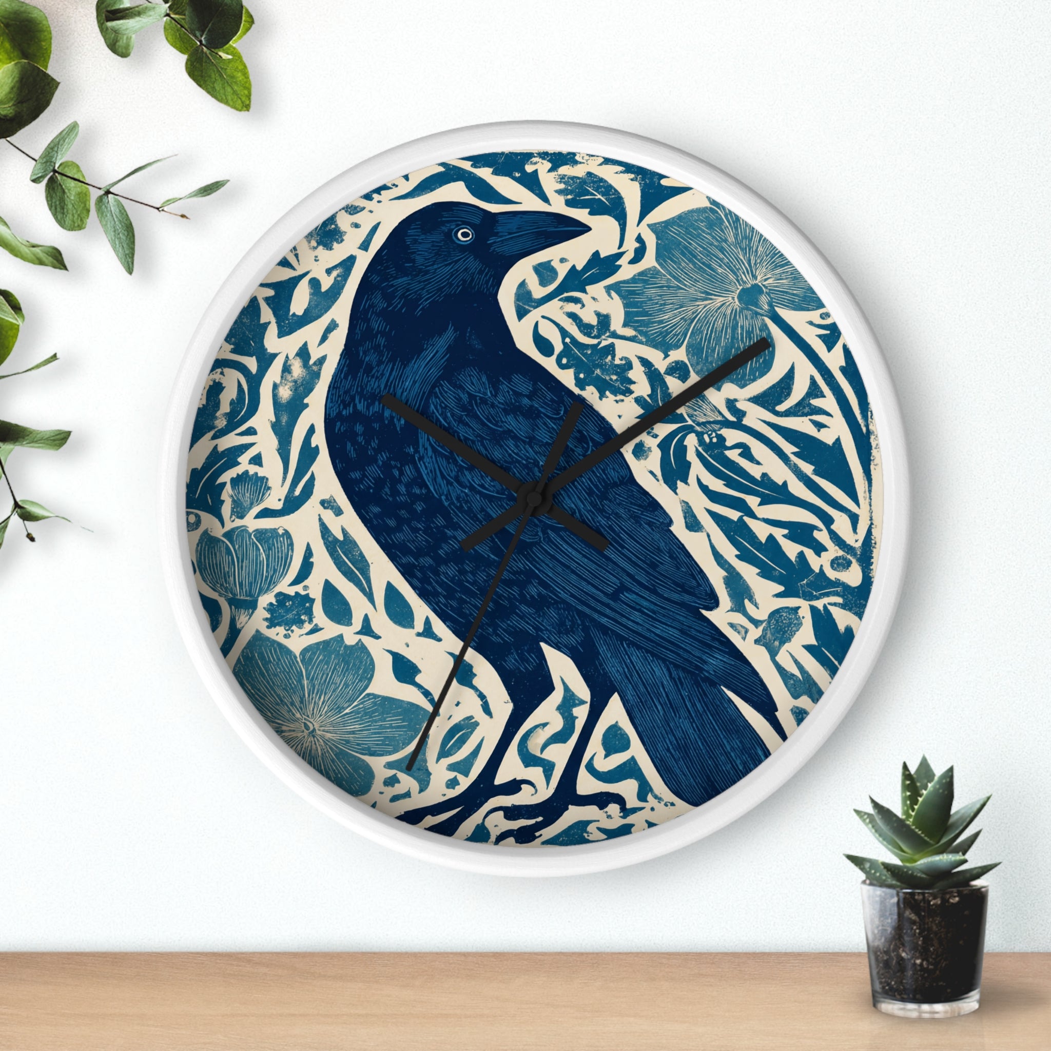 Linocut Raven Floral Wall Clock | Woodblock Style Vine Pattern