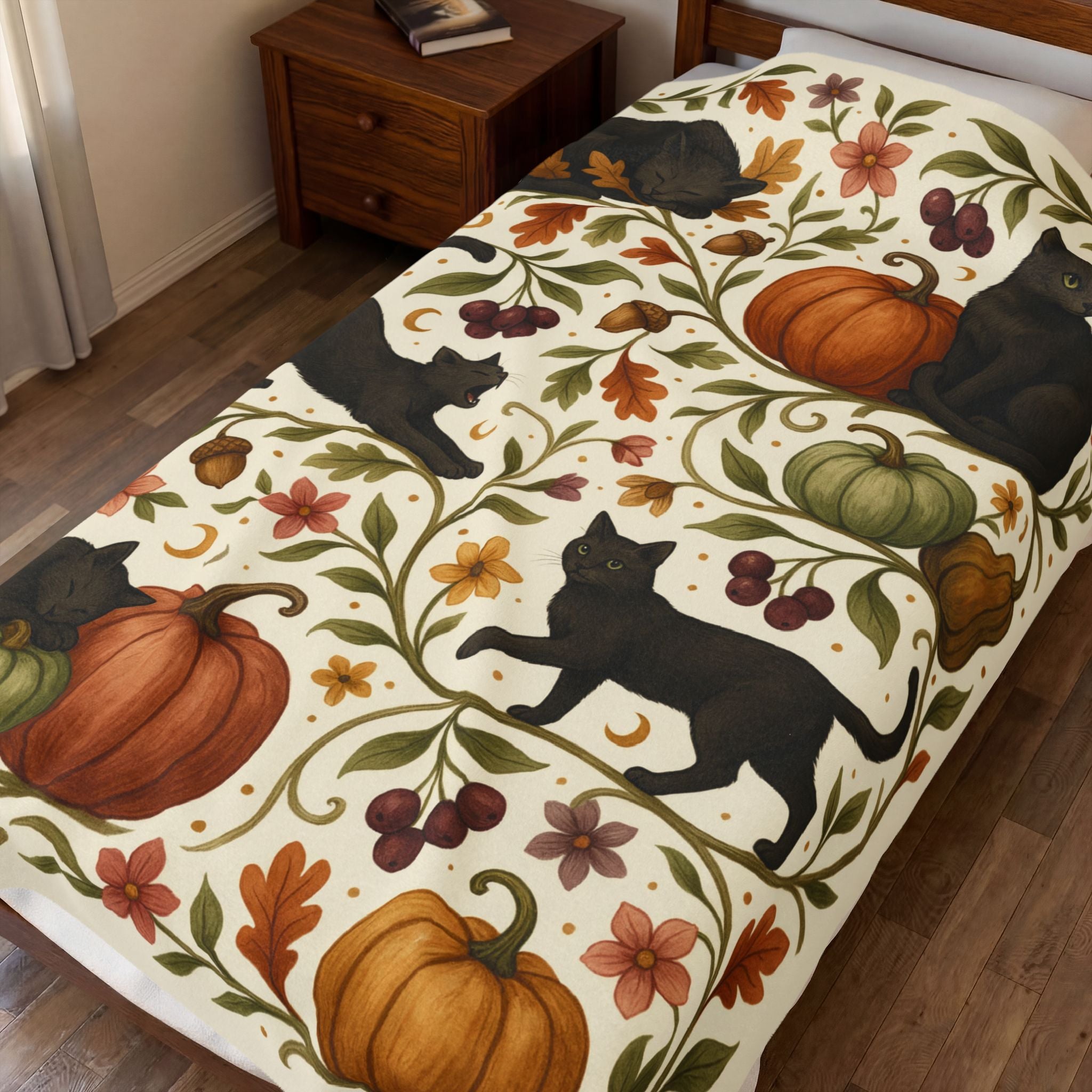 Black Cat Cottagecore Blanket, Halloween Botanical Throw Blanket, Pumpkin Cat Fall Decor, Spooky Autumn Blanket