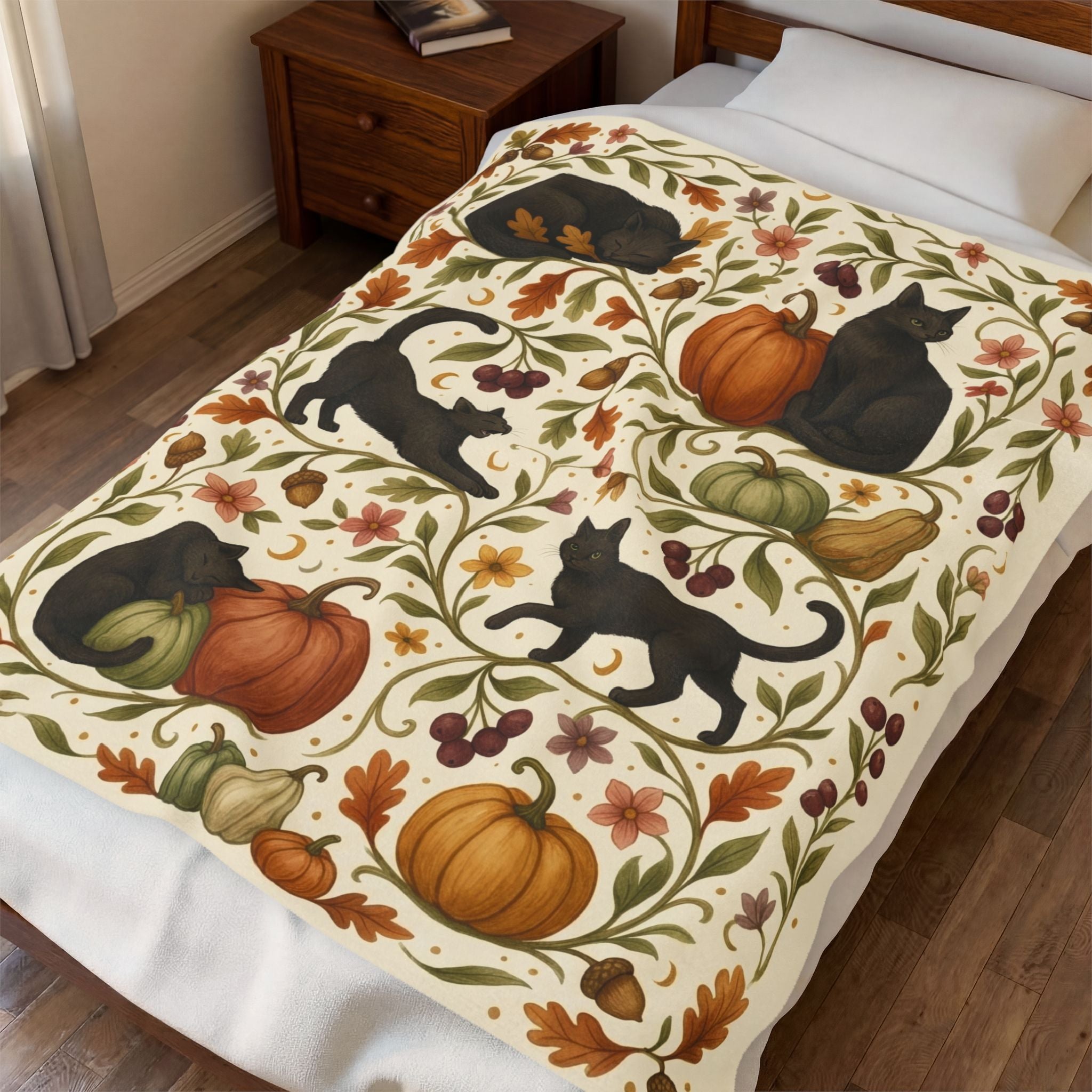 Black Cat Cottagecore Blanket, Halloween Botanical Throw Blanket, Pumpkin Cat Fall Decor, Spooky Autumn Blanket