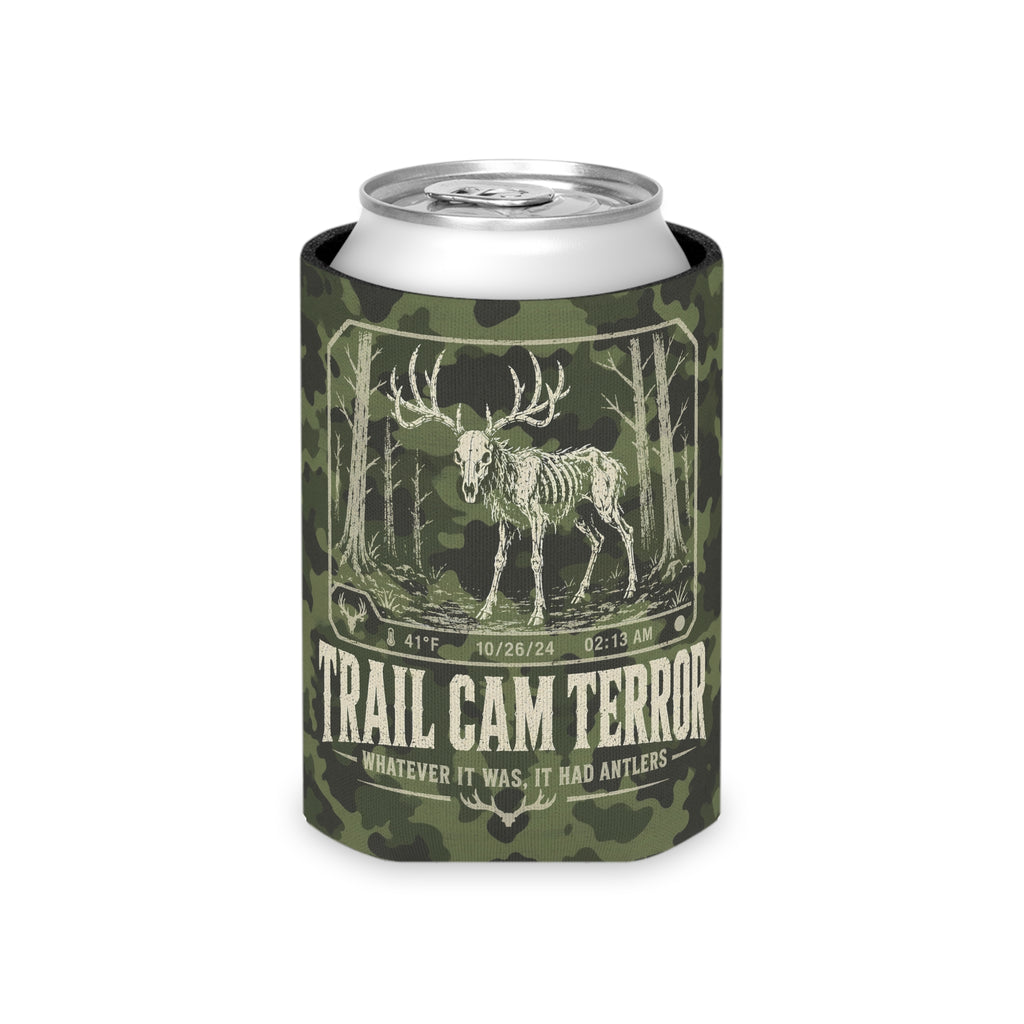 Trail Cam Terror can cooler with skeleton buck graphic on green camouflage