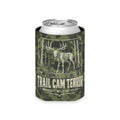Trail Cam Terror can cooler with skeleton buck graphic on green camouflage