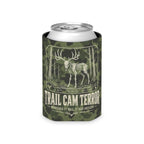 Trail Cam Terror can cooler with skeleton buck graphic on green camouflage