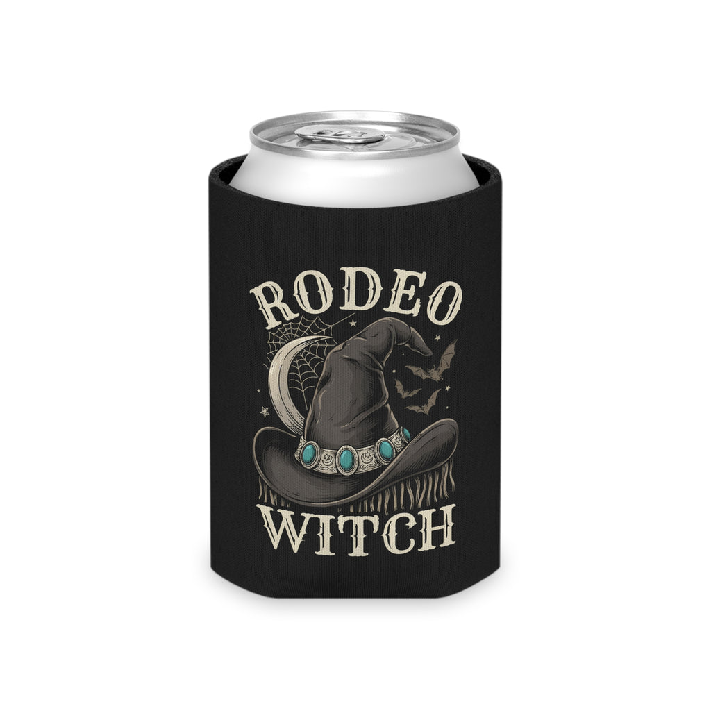 Black Rodeo Witch can cooler with distressed Western cowboy hat artwork