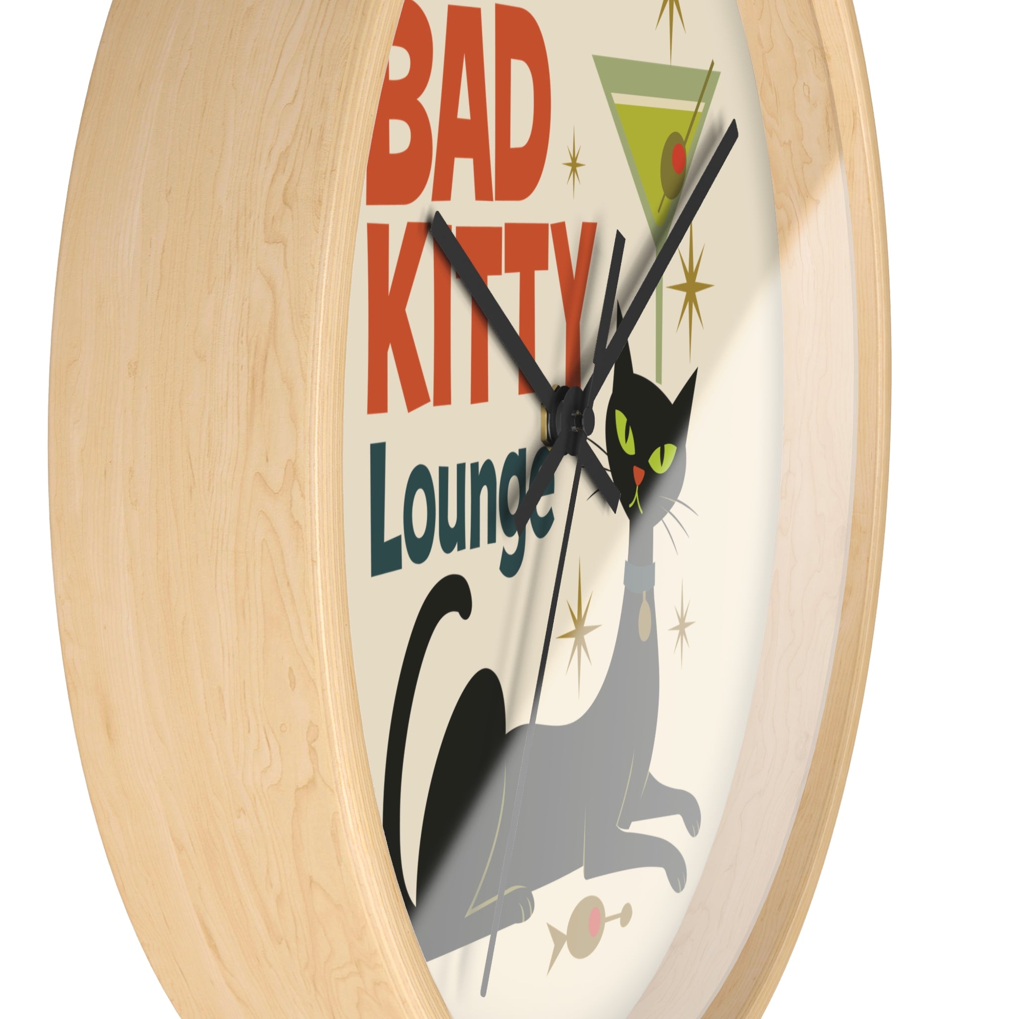 Bad Kitty Lounge Wall Clock | Mid Century Cat Martini Retro Kitchen Decor