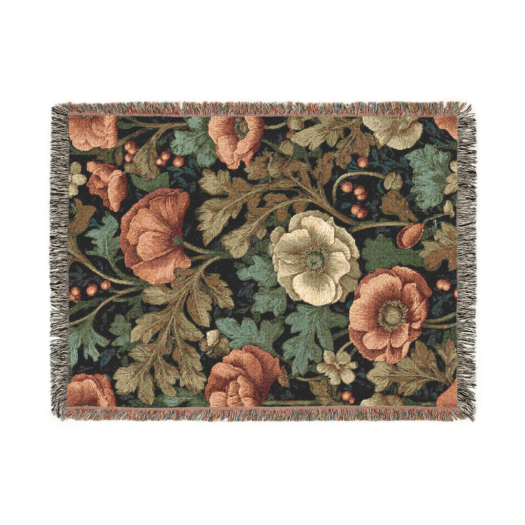 William Morris Poppy Garden Woven Blanket | Coral Orange & Teal Floral Throw