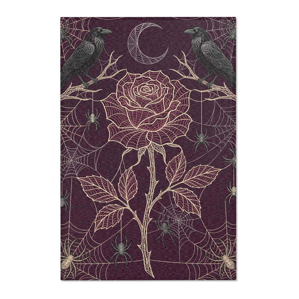 Spider Web Rose Gothic Area Rug | Raven Crescent Moon, Dark Academia Decor