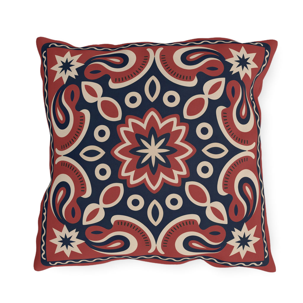 Red & Navy Paisley Outdoor Pillow | Boho Patio Decor