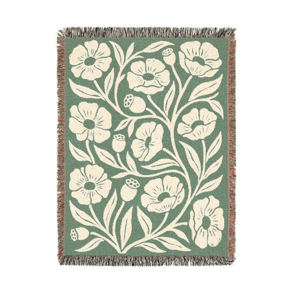 Botanical Floral Pattern Woven Blanket | Green Sage Cream Flower Throw
