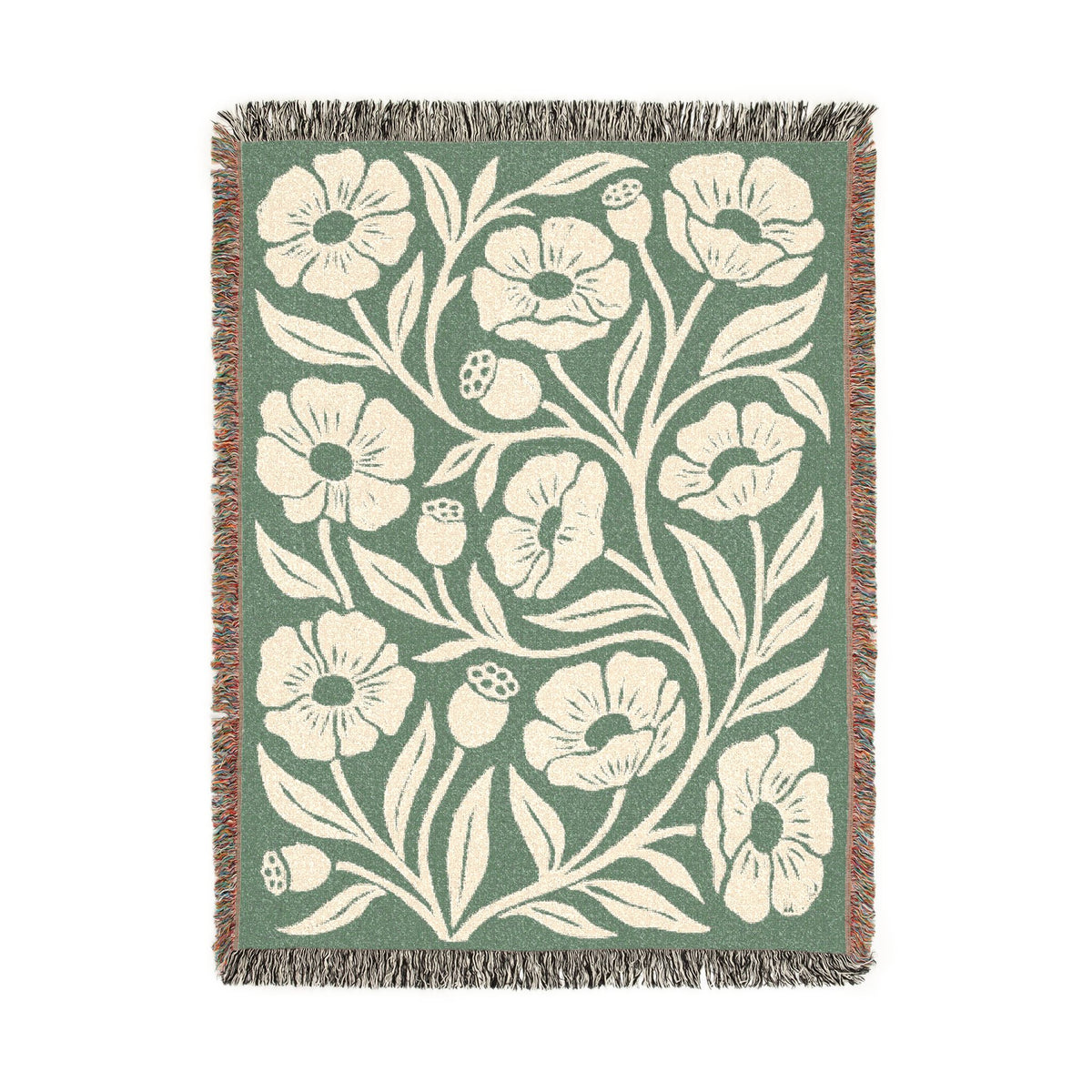 Botanical Floral Pattern Woven Blanket | Green Sage Cream Flower Throw