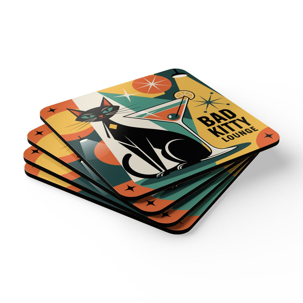 Atomic Cat Coasters Set of 4, Mid Century Modern Cork Drink Coasters, Retro Black Cat Gift, Bad Kitty Collection