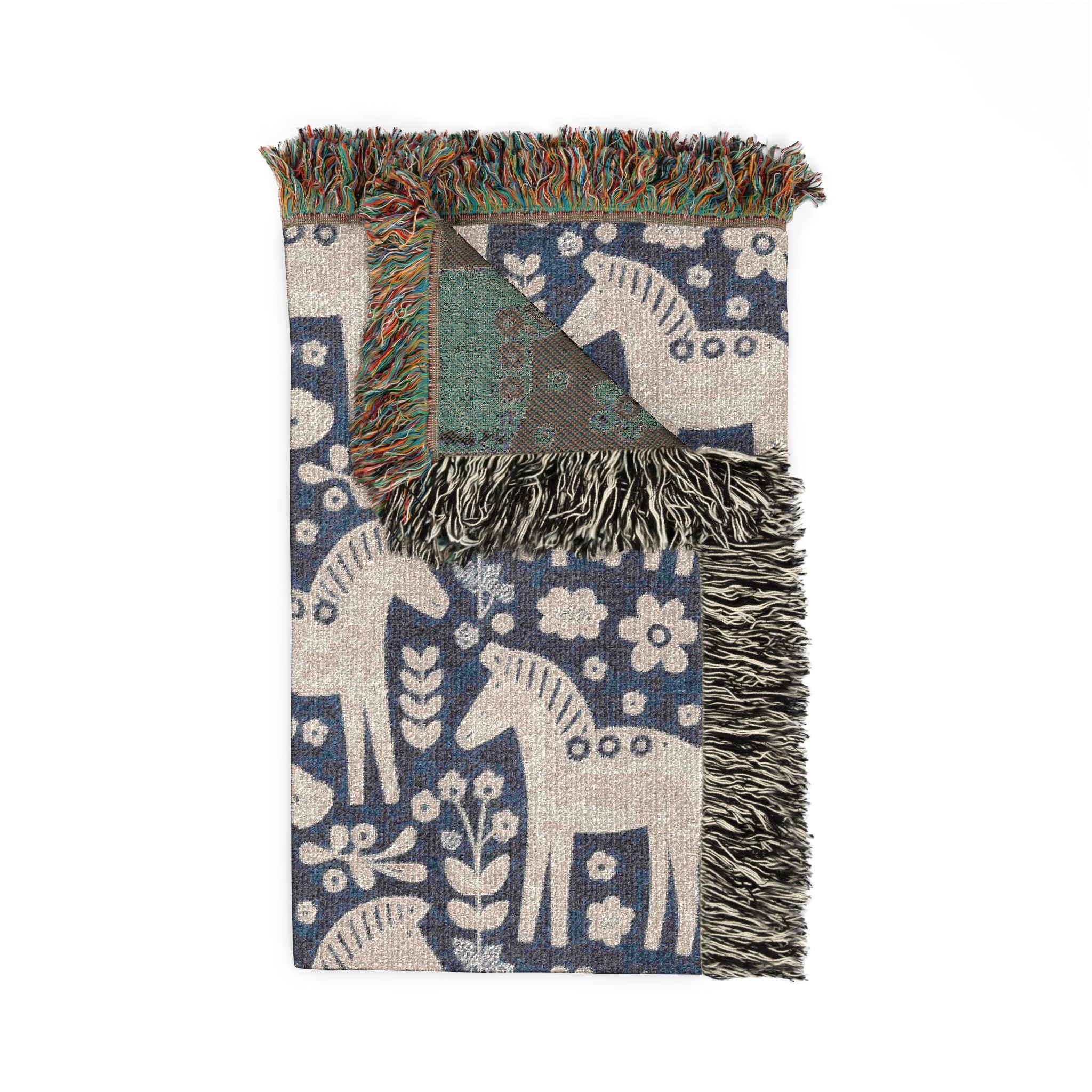 Scandinavian Dala Horse Woven Throw Blanket  | Nordic Folk Art Throw