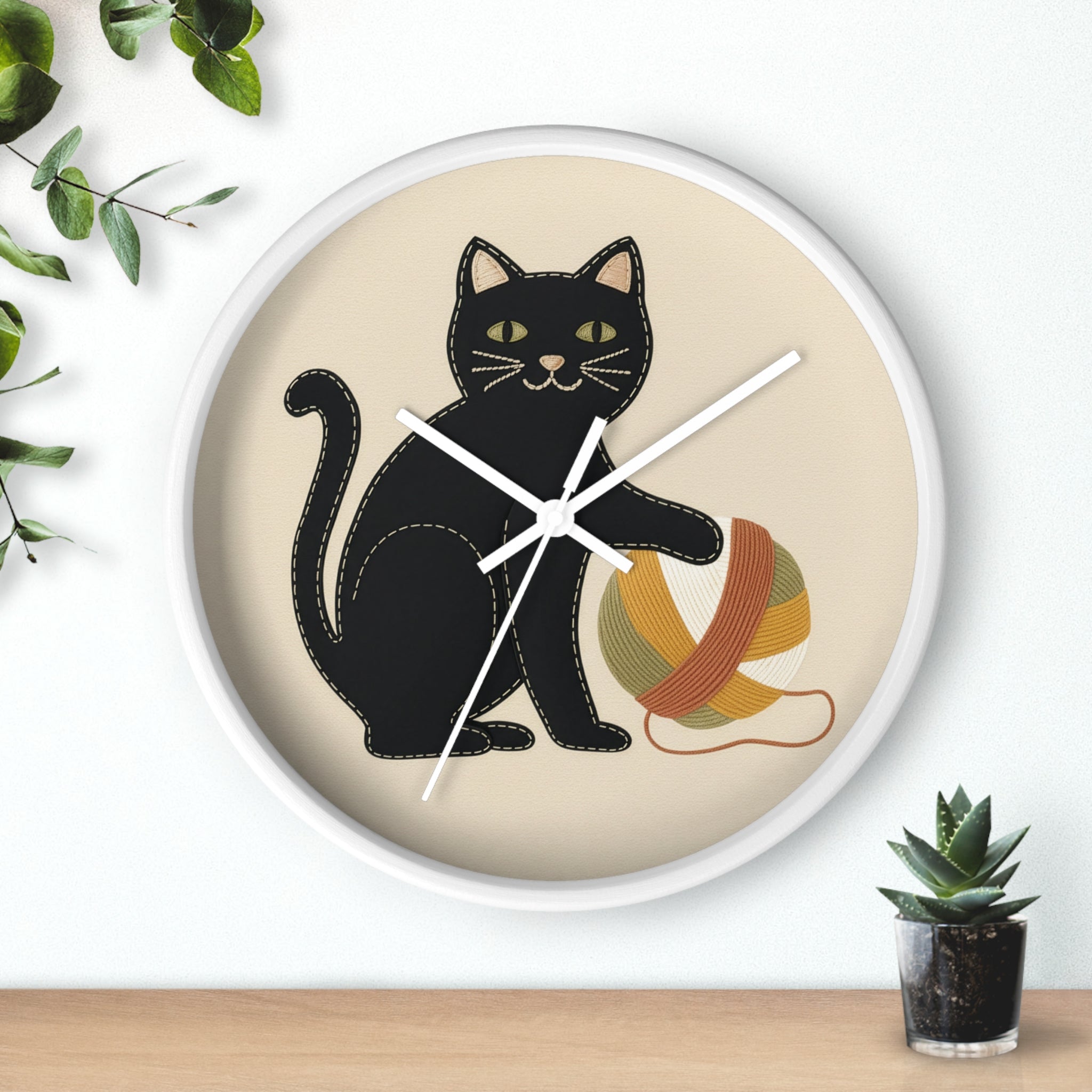Black Cat Yarn Wall Clock, Modern Minimalist Cat Decor, Knitting & Crochet Lover Gift, Playful Nursery or Craft Room Clock