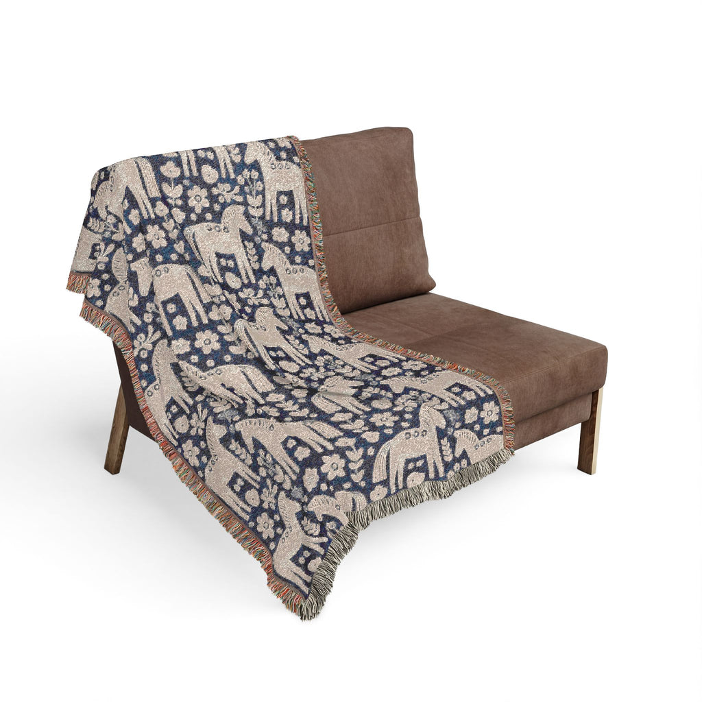 Scandinavian Dala Horse Woven Throw Blanket  | Nordic Folk Art Throw