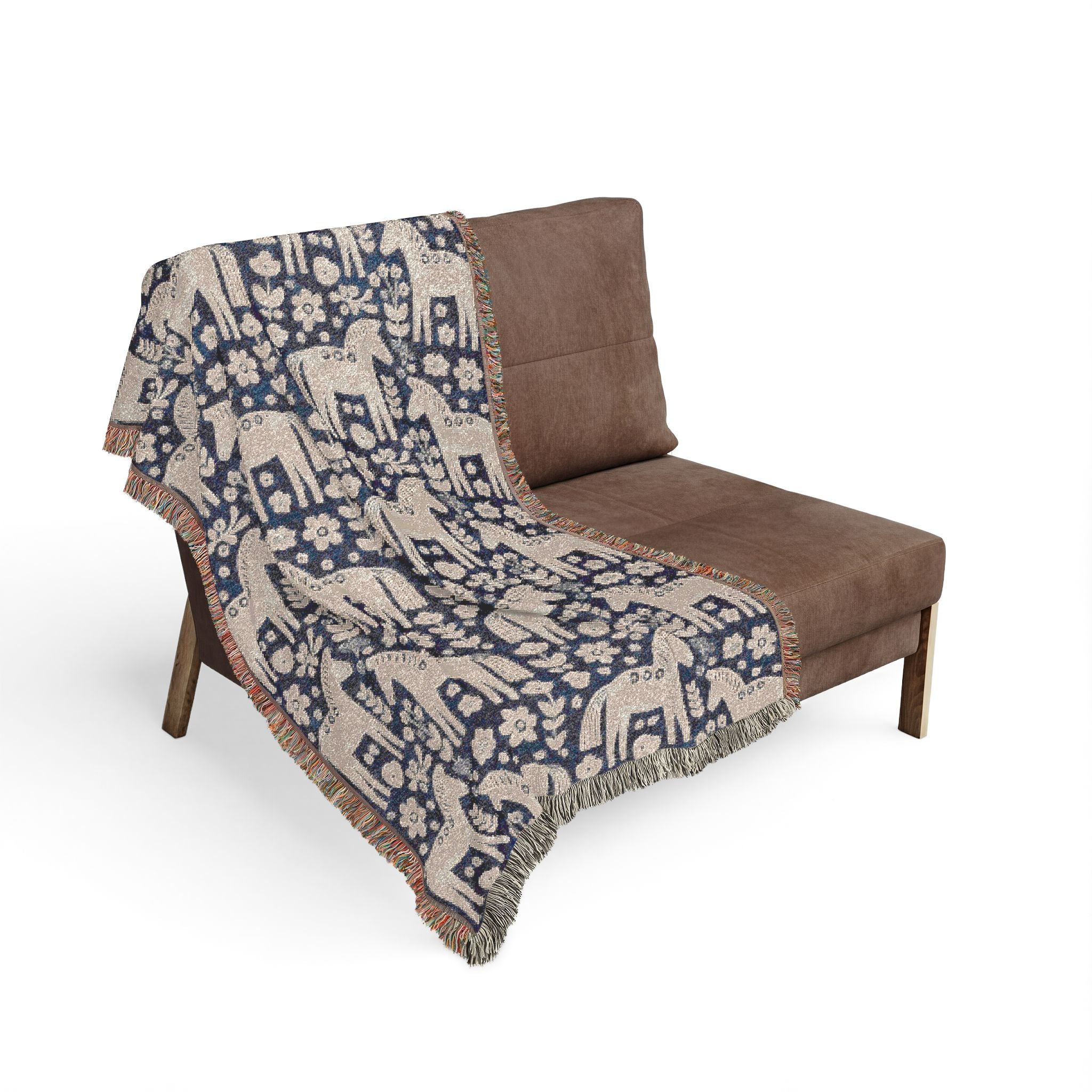 Scandinavian Dala Horse Woven Throw Blanket  | Nordic Folk Art Throw