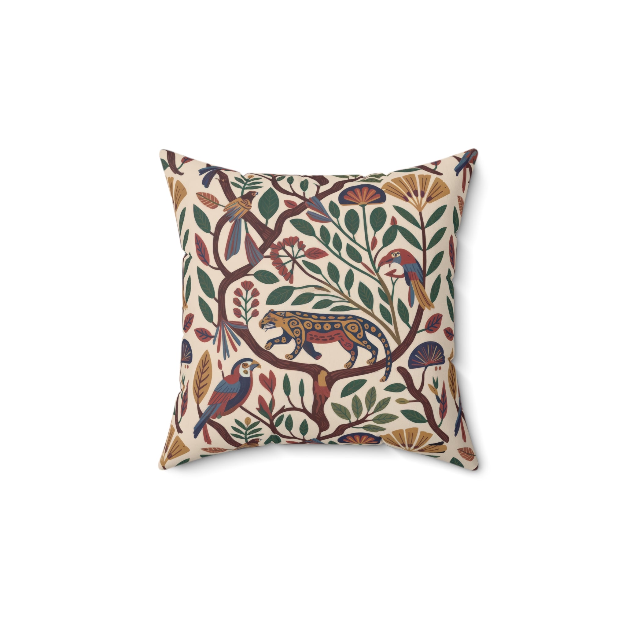 Folk Botanical Jaguar Throw Pillow, Faux Suede Decorative Pillow with Insert, Bohemian Nature Art Cushion