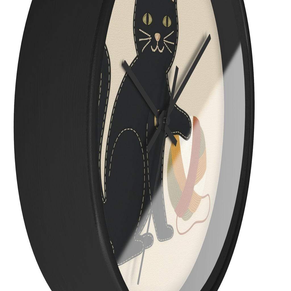 Black Cat Yarn Wall Clock, Modern Minimalist Cat Decor, Knitting & Crochet Lover Gift, Playful Nursery or Craft Room Clock