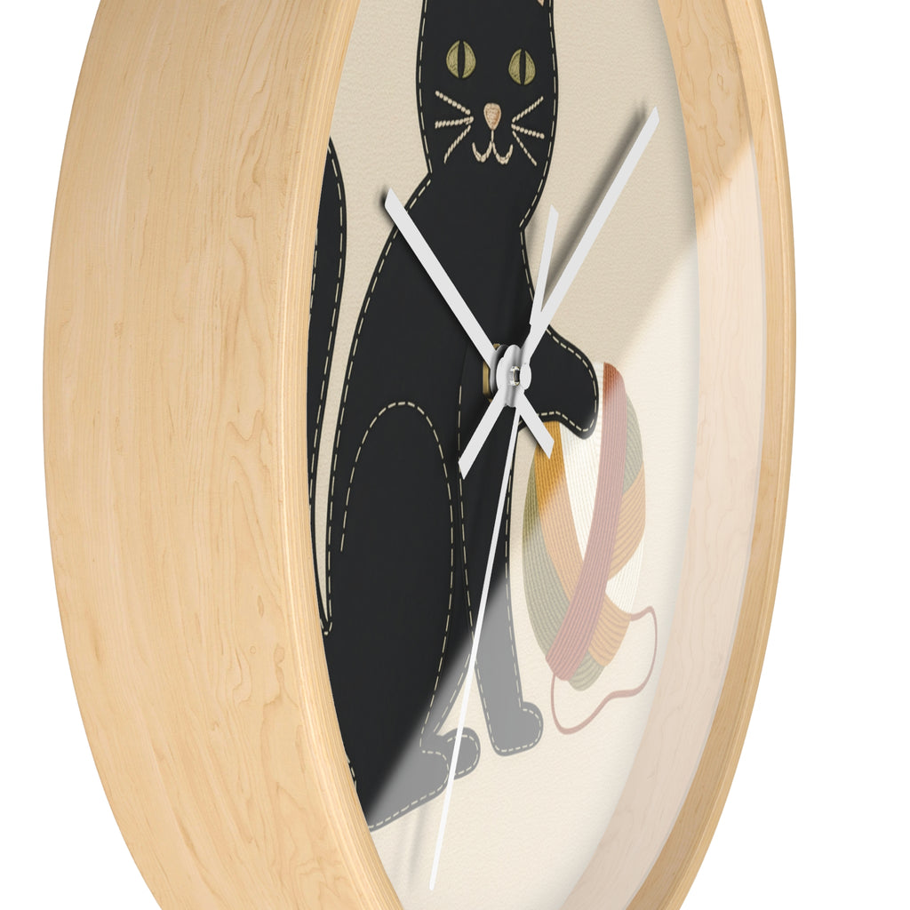 Black Cat Yarn Wall Clock, Modern Minimalist Cat Decor, Knitting & Crochet Lover Gift, Playful Nursery or Craft Room Clock