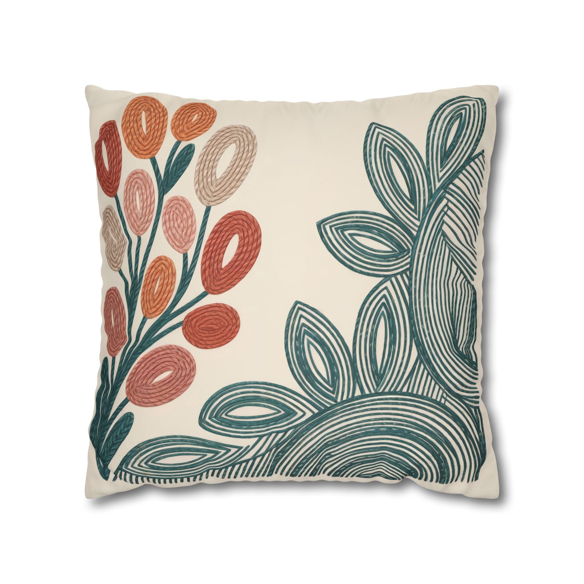 Mid Century Coral Teal Botanical Faux Suede Pillow Case | Modern Floral Decorative Accent