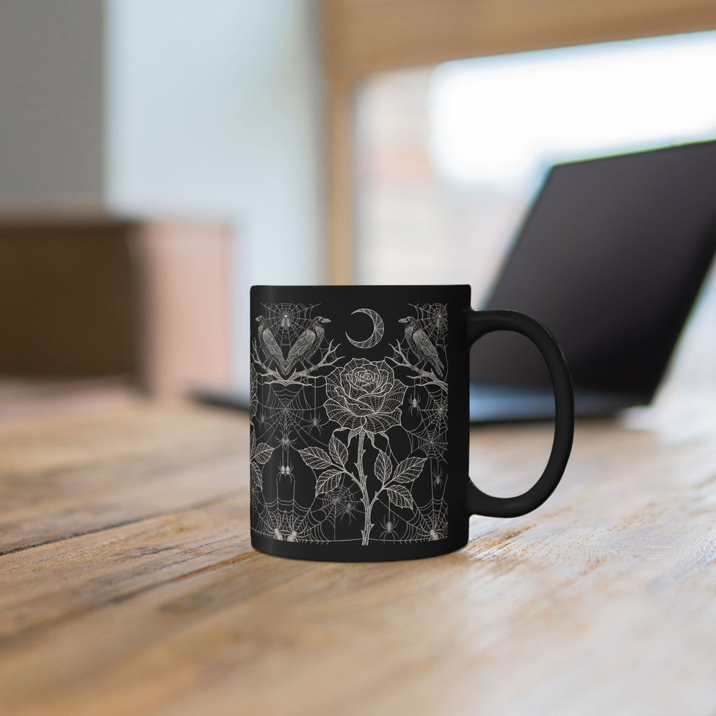Victorian Rose & Crows Black Mug | Gothic Crescent Moon Art