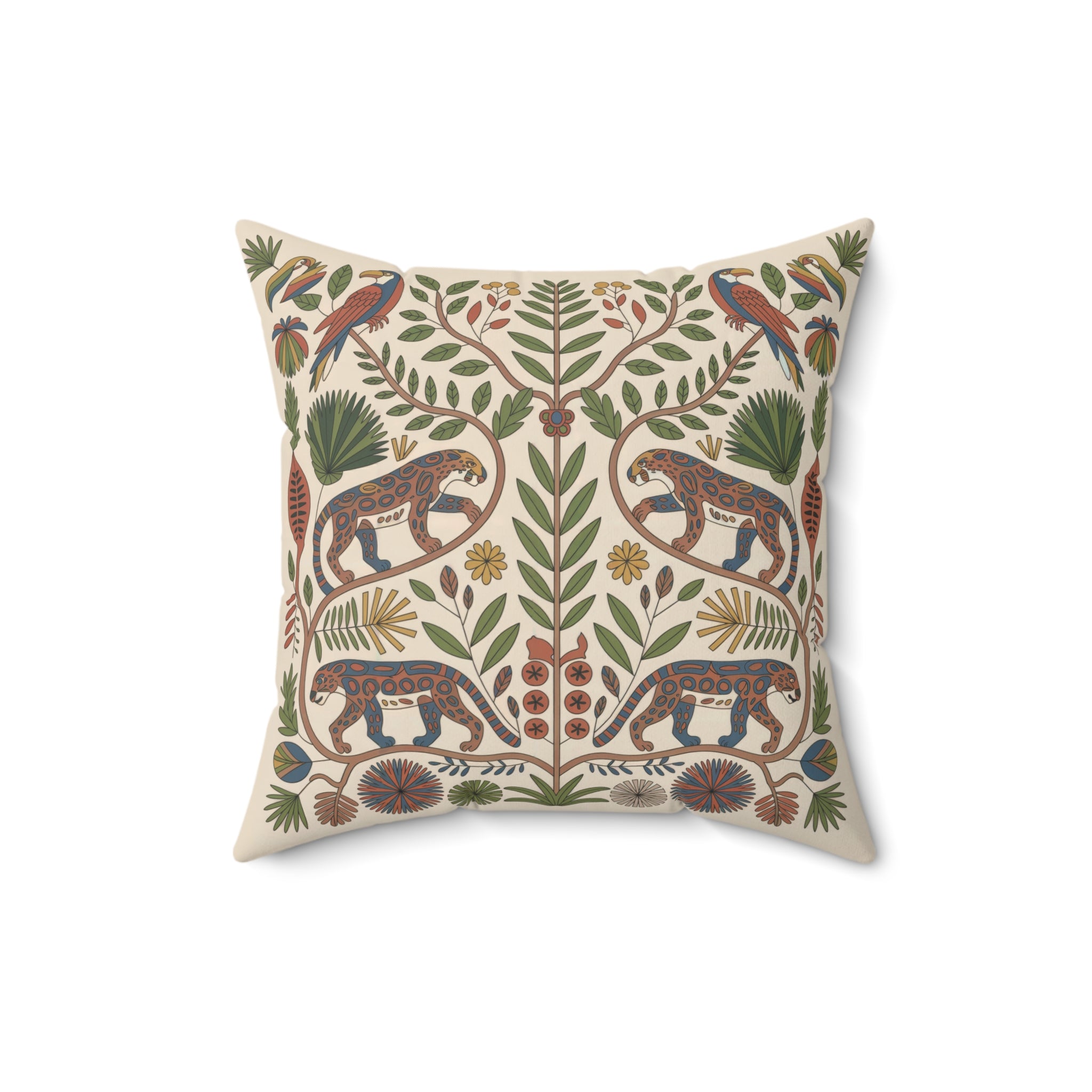 Jaguar and Tropical Bird Folk Art Throw Pillow with Botanical Design