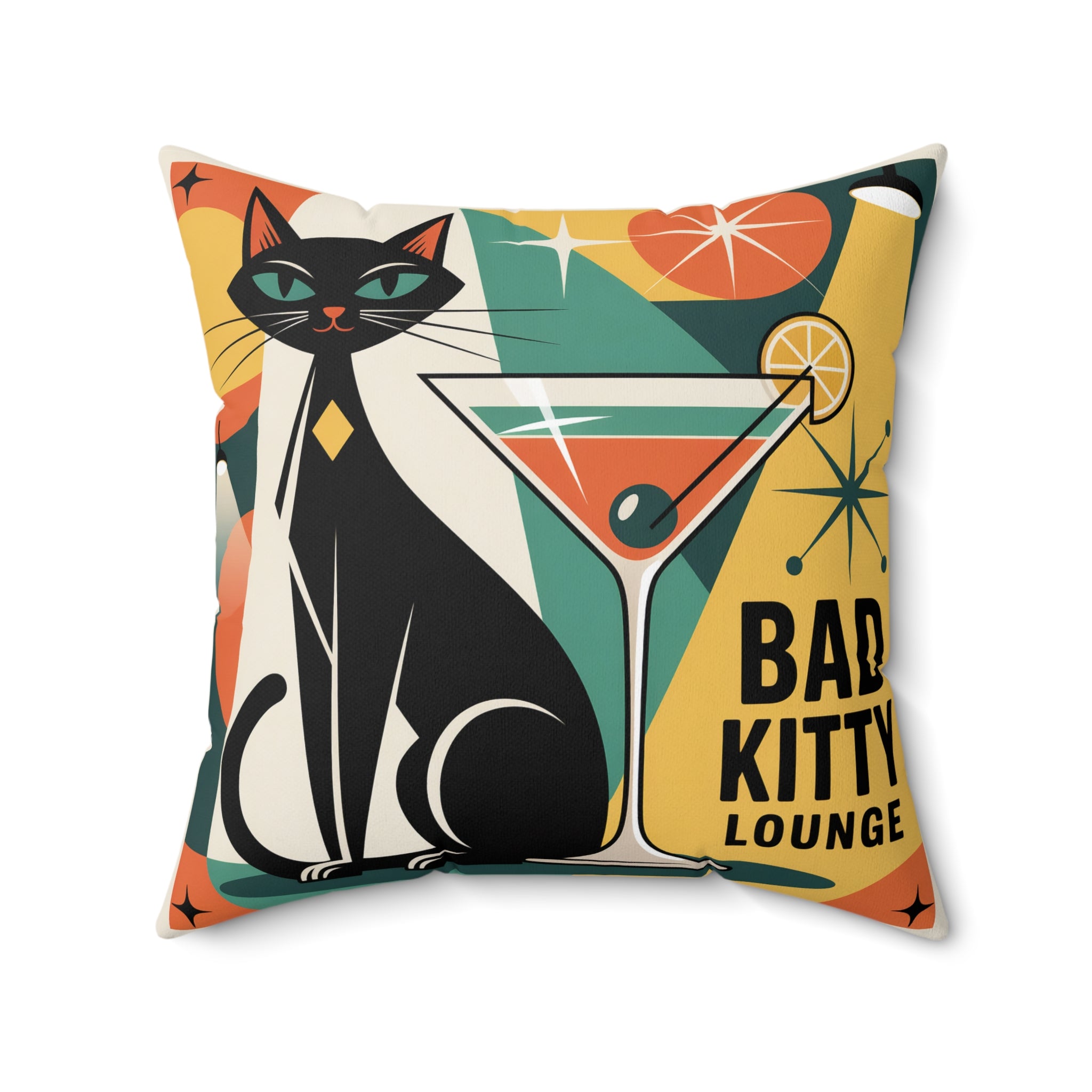 Bad Kitty Lounge Mod Pillow , Retro Cat Throw Pillow, Mid Century Modern Home Decor, Atomic Cat Cushion, Gift for Cat Lovers