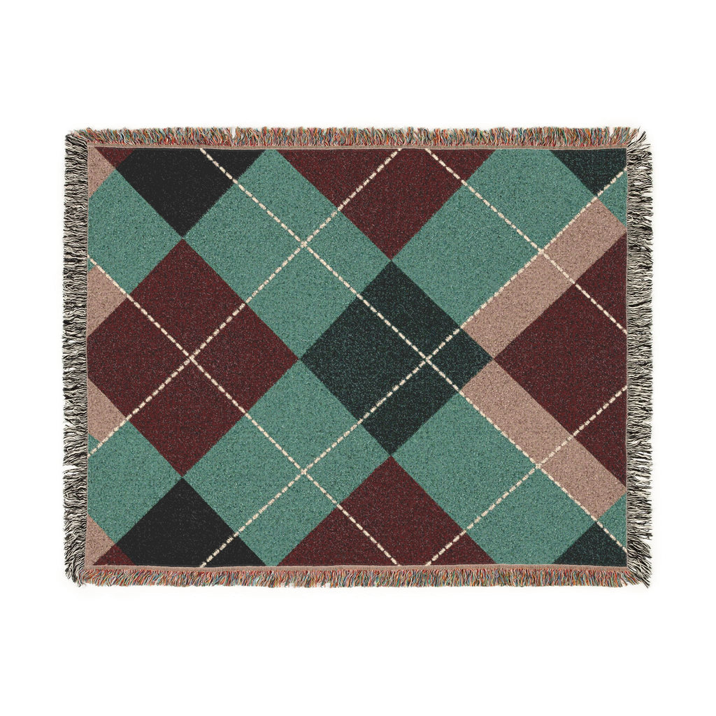 Teal Burgundy Argyle Woven Blanket | Geometric Plaid Throw